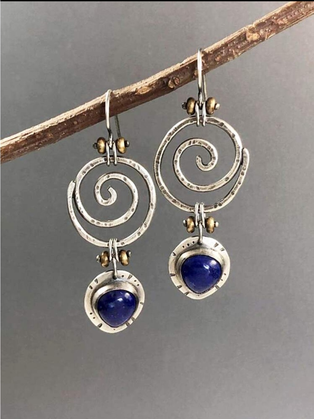 Handcrafted Silver tone Spiral Drop Earrings with Blue Gemstone